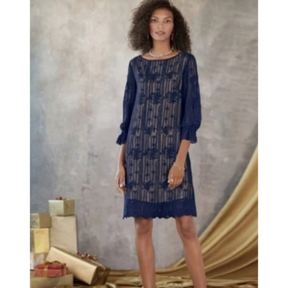 Sundance Emma Embroidered Lace Shift Dress PL Navy Blue Boho Party Formal NWT